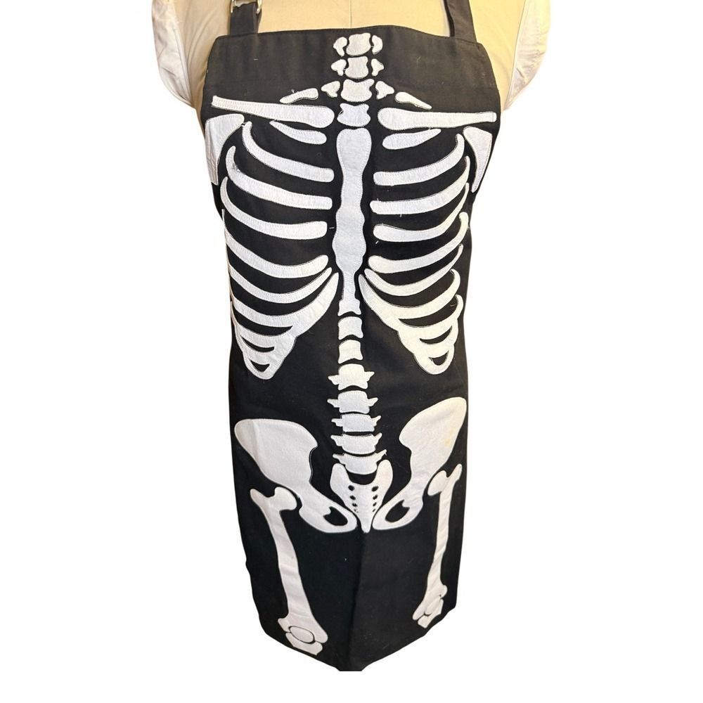 Williams Sonoma Skeleton Halloween Apron Black White Cotton Adjustable Adult - Picture 2 of 6